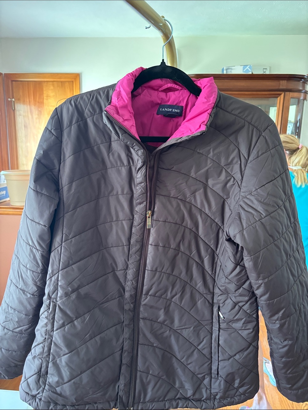 Lands' End Women's Brown Quilted Puffer with Pink Contrast Lining